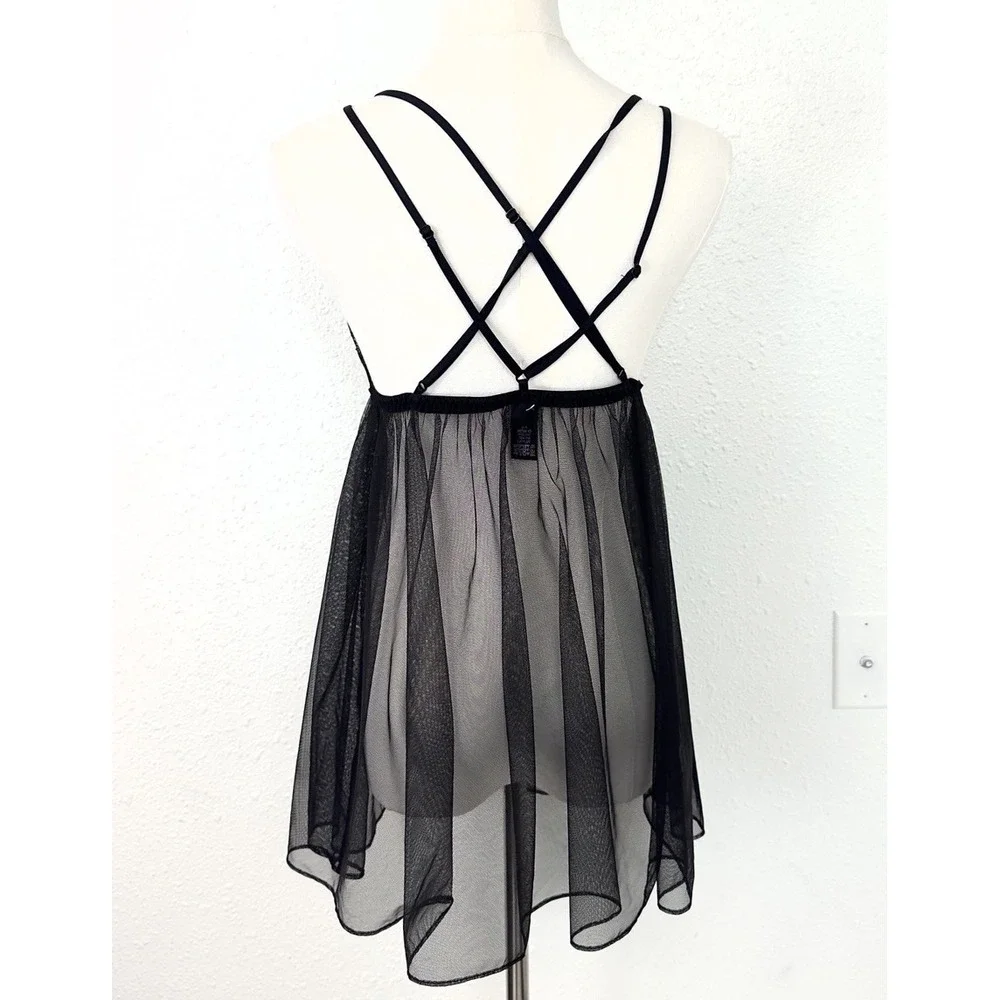 Victoria's Secret Lace Sheer Racerback Babydoll Nightie Lingerie Black Top L